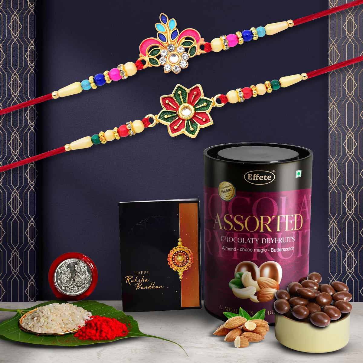 (K2_557+558_AS) Rakhi with Assorted Chocolate Dryfruits 96gm| Rakhi for brother with gift | handmade rakhi |rakhi combo for brother | stylish rakhi for brother | Set of 2 Rakhi |