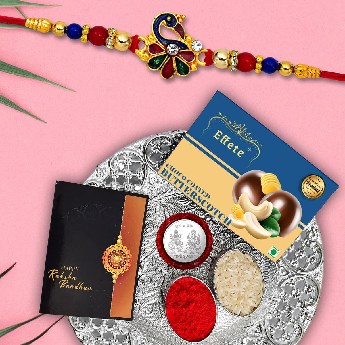(K2_410+411_DS+BS32) Rakhi Combo Chocolate Butter Scotch 32gm & Silver Pooja Thali with Pooja Coin & Greeting Card, | Rakhi gift set | Rakhi thali | rakhi gifts | Kids car rakhi | Rakhi with plate | rakhi thali set | rakhi with gift | rakhi