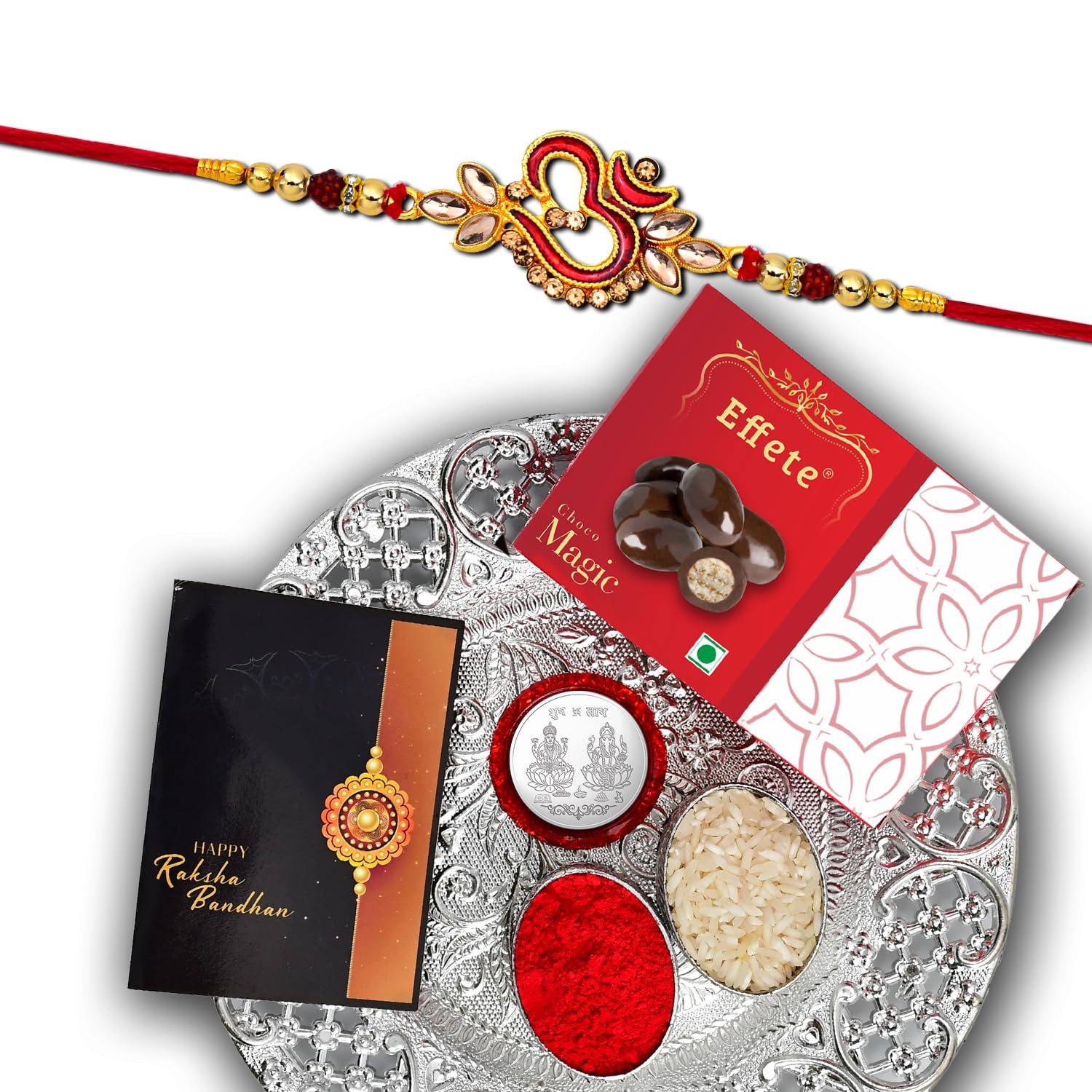 (K1_552_DS+EM32) Rakhi Combo with Chocolate Magic 32gm & Pooja Thali, Pooja Coin & Greeting Card | Rakhi thali | Rakhi gift set | rakhi thali set | Rakhi with plate | rakhi with gift | rakhi for brother kids | rakhi with chocolate | rakhi fo
