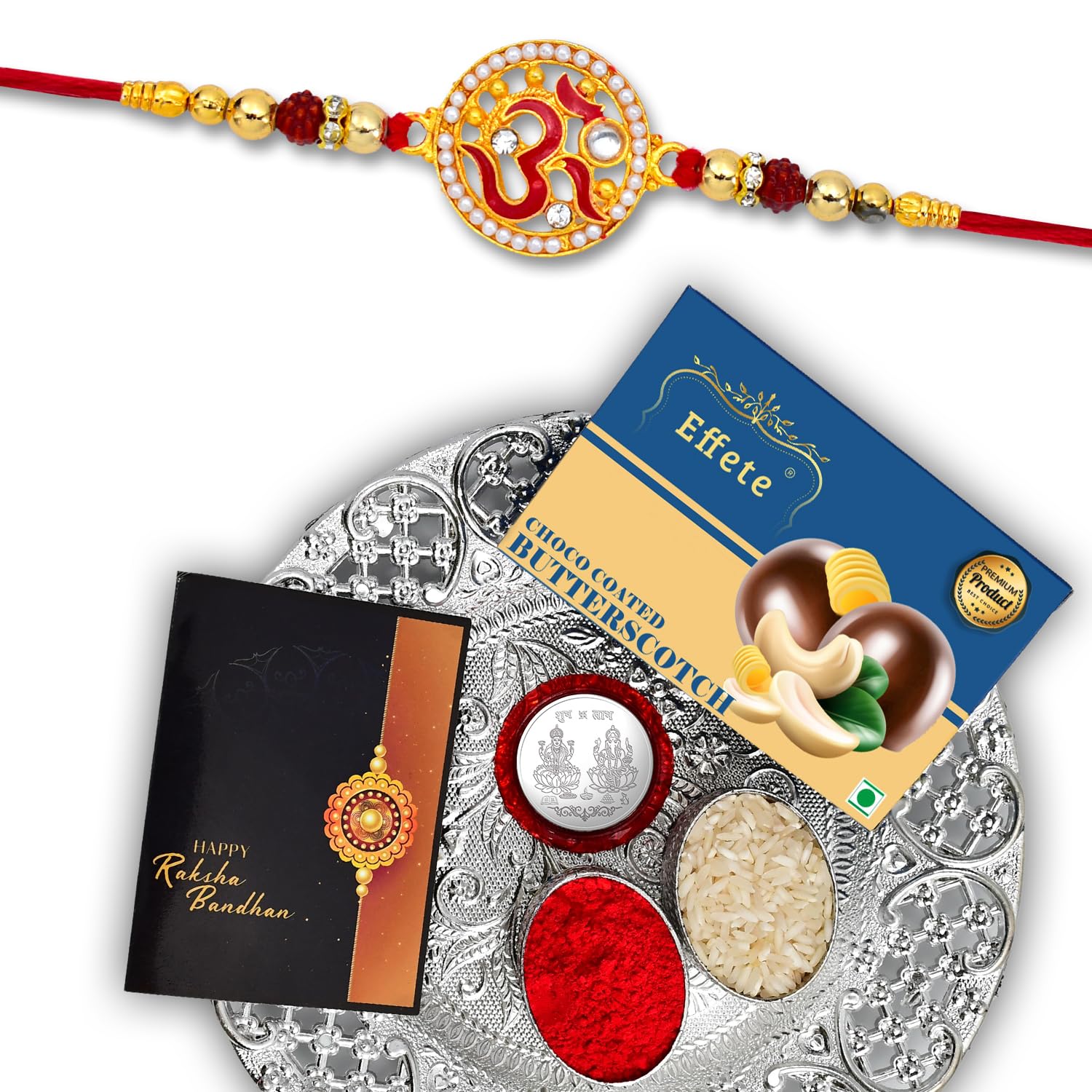 (K1_272_DS+BS32) Rakhi Combo with Chocolate Butter Scotch 32gm & Silver Pooja Thali, Pooja Coin & Greeting Card, Rakhi gift set | Rakhi thali | Rakhi with plate | rakhi gifts | rakhi thali set | rakhi hamper for brother | rakhi with chocolat