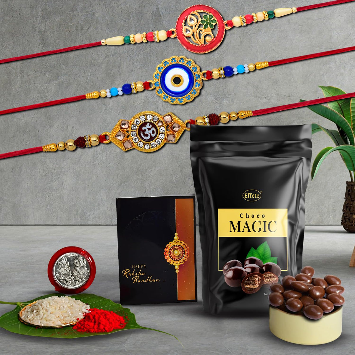 (K3_516+517+518_SM) Rakhi Combo with Choco Magic (Pouch), Rakhi for brother with gift, chocolate gift pack, rakhi with Chocolate Gift Hemper, Fancy Rakhis for men, Set of 3 Rakhi