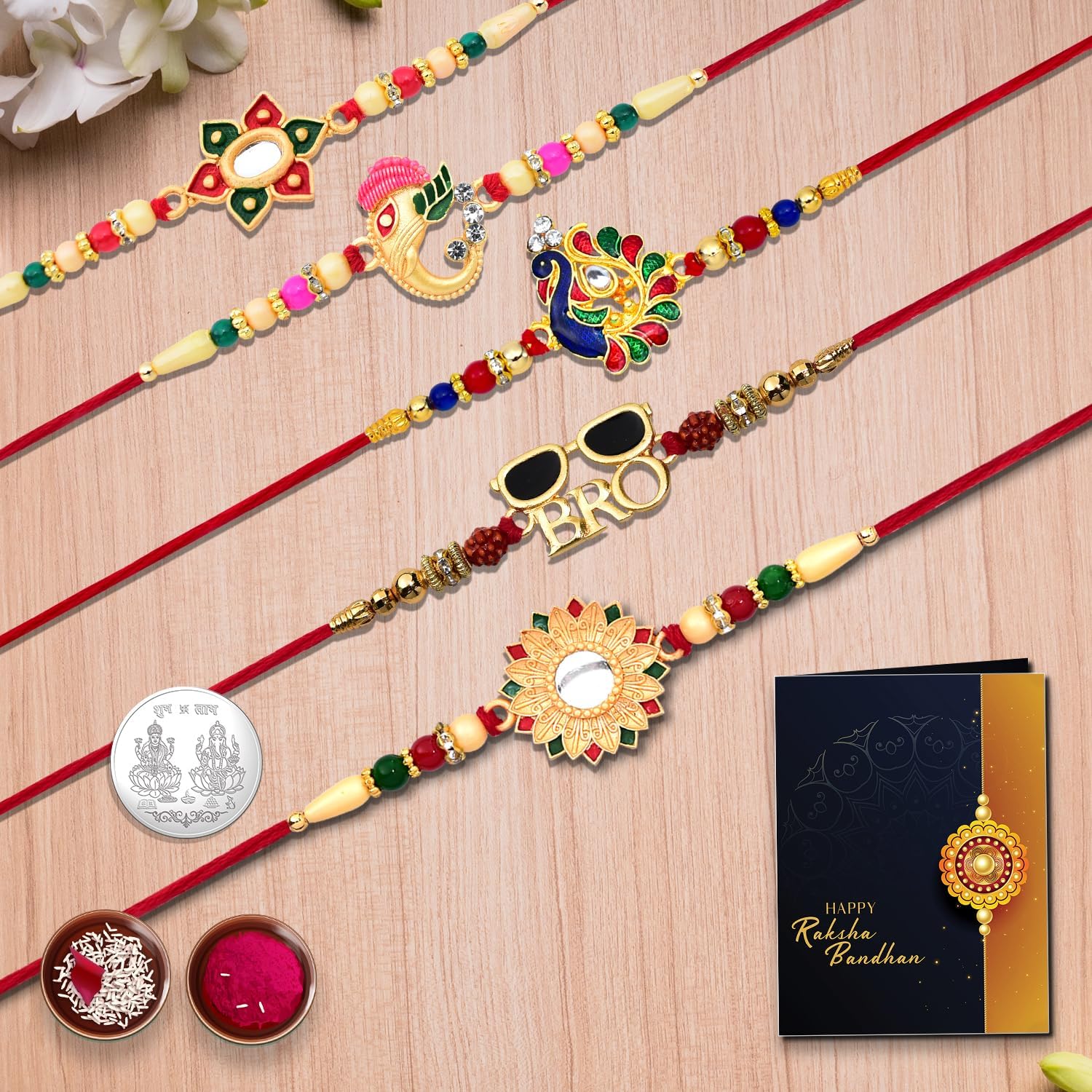 (K5_NC102) Rakhi Combo Pooja Coin & Rakhi Card, bhai bhabhi rakhi set, lumba rakhi for bhabhi, kundan rakhi, bhaiya bhabhi rakhi set, chandi ki rakhi, rakhi lumba set, rakhi for brother, rakhi for brother and bhabhi, silver rakhi for brother, rakhi