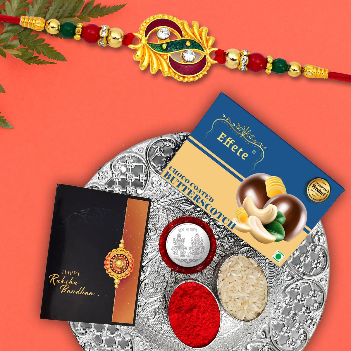 (K2_316+317_DS+BS32) Rakhi Combo with Chocolate Butter Scotch 32gm & Silver Pooja Thali, Pooja Coin & Greeting Card, Rakhi thali | Rakhi gift set | rakhi for brother kids | rakhi thali set | Rakhi with plate | rakhi hamper for brother | rakh