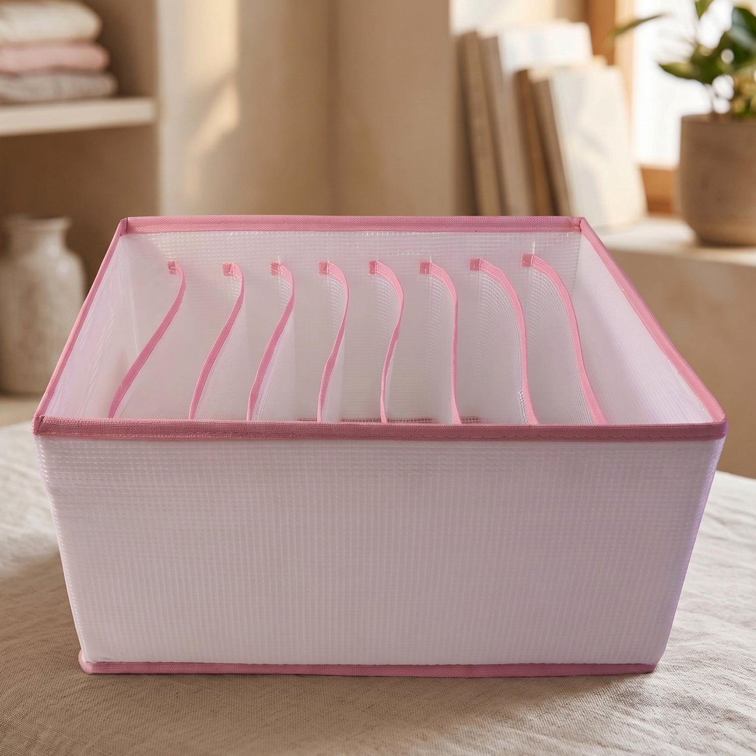 9 section foldable clothes organizer in use