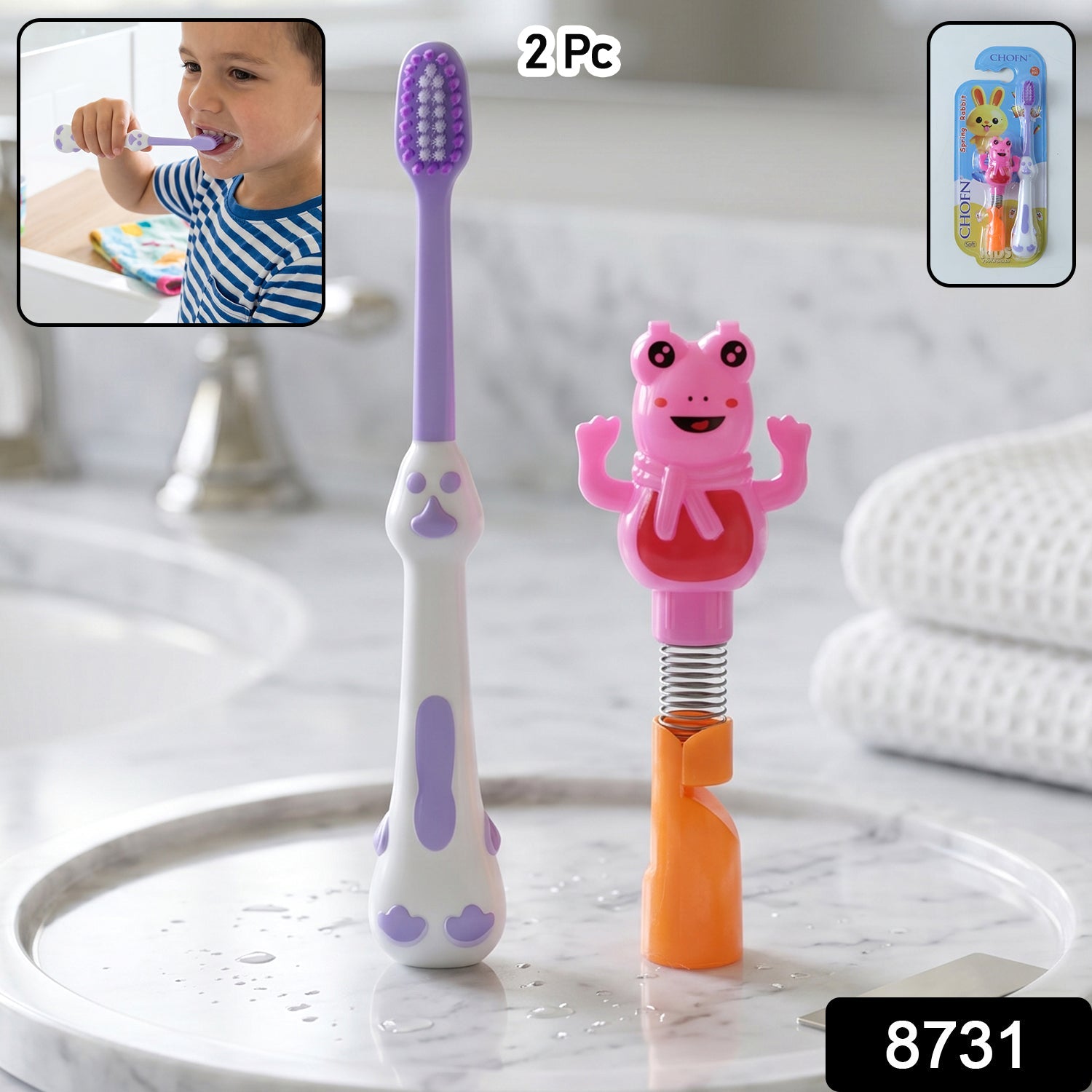 Kids Cartoon Spring Frog Toothbrush Set package
