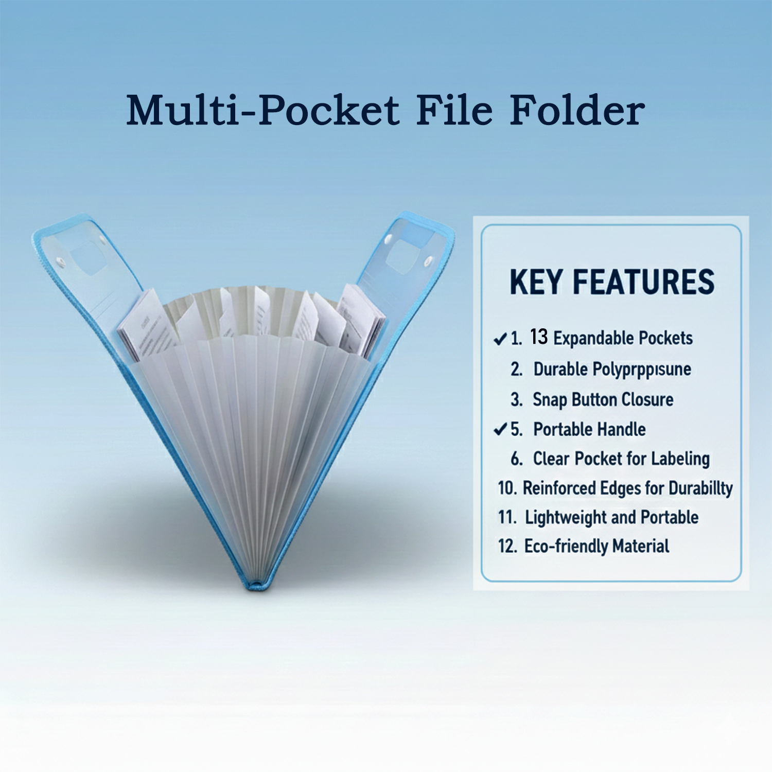 Front view of 13 pocket file folder