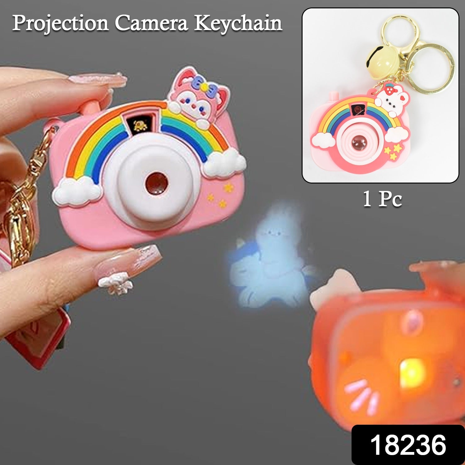 Multiple projective camera keychains arranged on white background