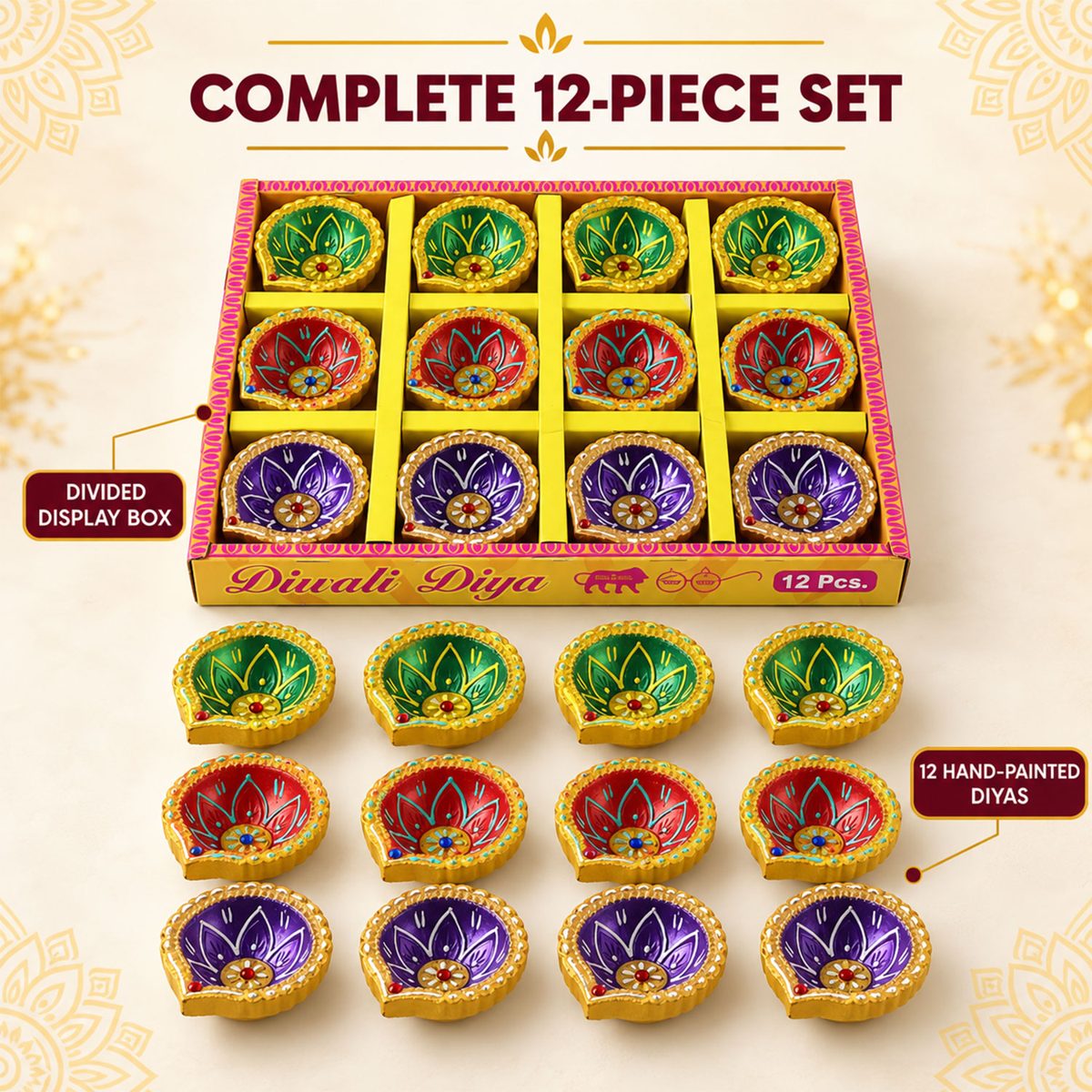 A display box holds twelve painted clay diyas, with an additional twelve arranged below it.
