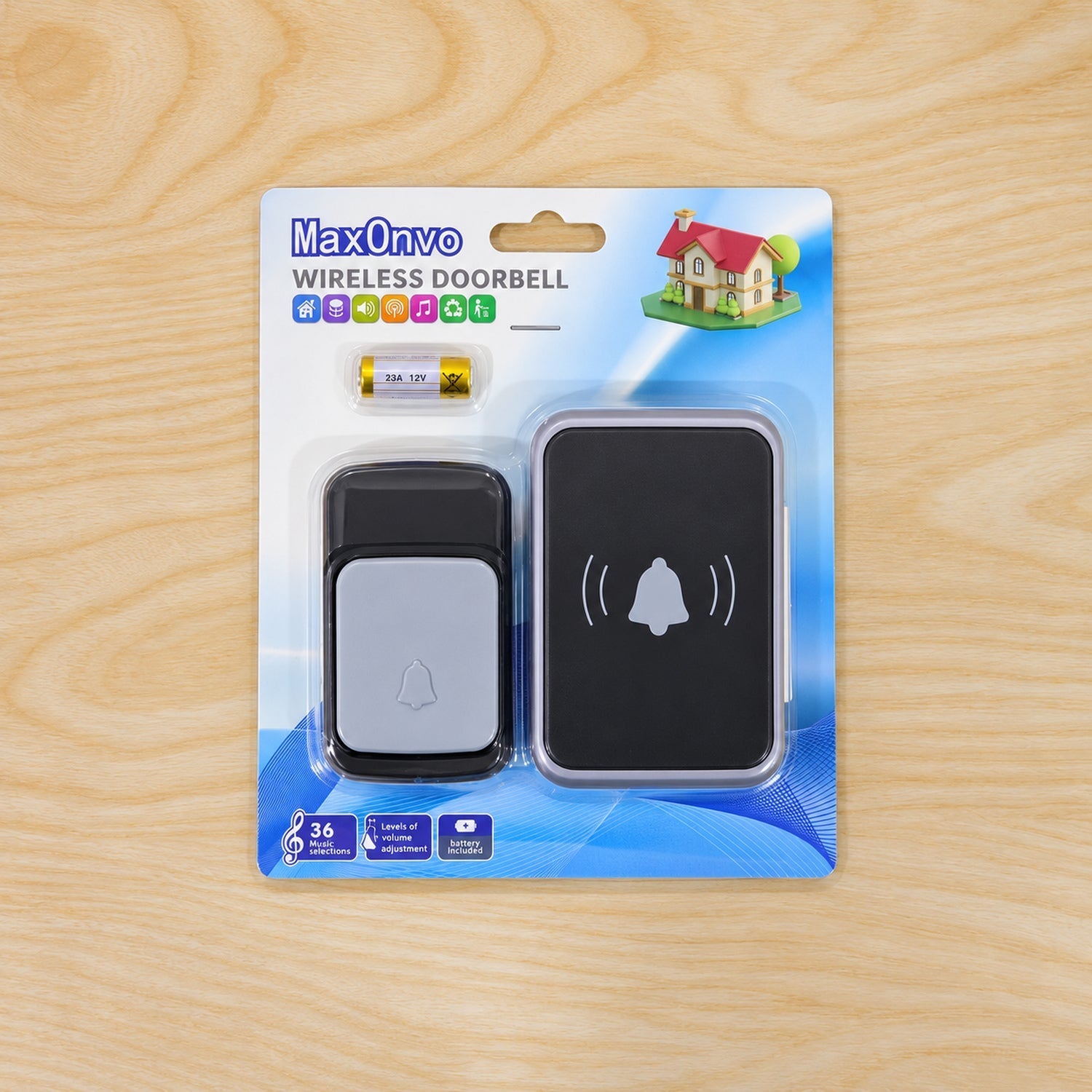 A wireless doorbell set, including a black transmitter, receiver, and battery, is sealed in its retail packaging on a wooden