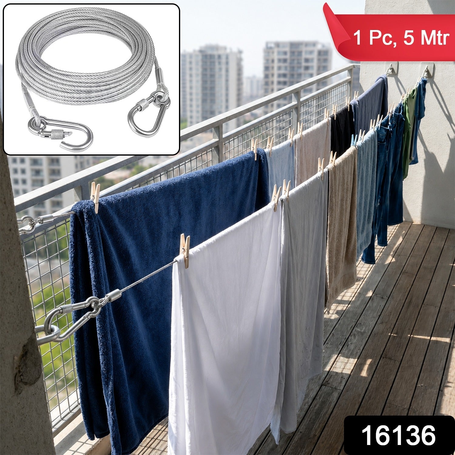 Detailed view of the screw-lock carabiner hook on the stainless steel clothesline.