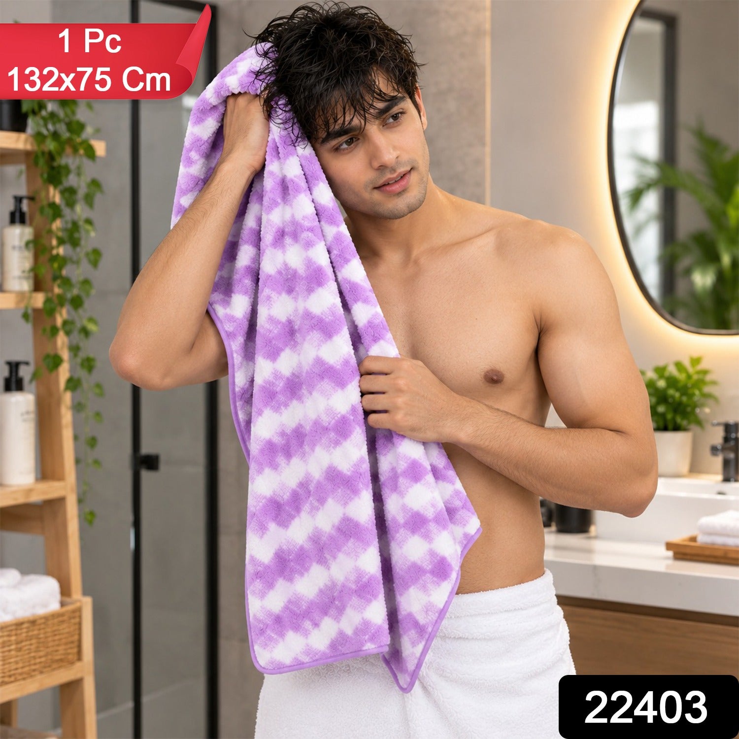 A man drying his hair with a soft purple and white checkered microfiber towel, with product details overlaid.