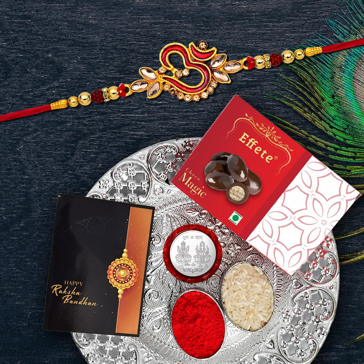 (K1_552_DS+EM32) Rakhi Combo with Chocolate Magic 32gm & Pooja Thali, Pooja Coin & Greeting Card | Rakhi thali | Rakhi gift set | rakhi thali set | Rakhi with plate | rakhi with gift | rakhi for brother kids | rakhi with chocolate | rakhi fo