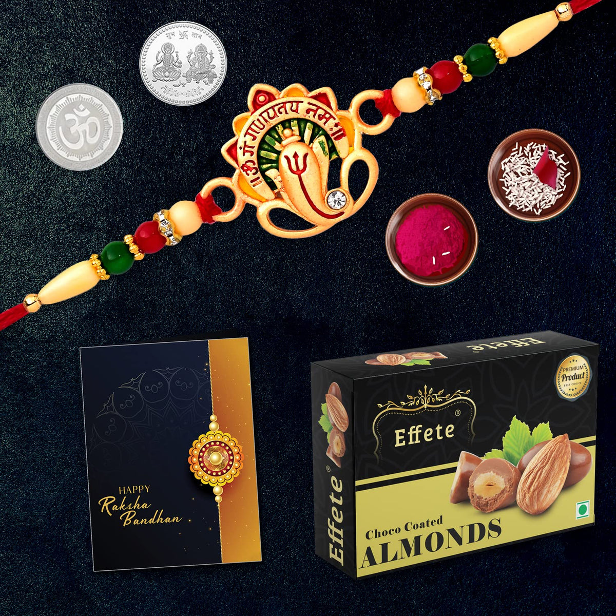 (K1_419_CA32) Rakhi Combo with Chocolate Almonds 32gm, Rakhi & Chocolate for brother, Fancy Rakhis for men stylish, rakhi with gift, Rakhi Combo, Set of 1, Chocolate