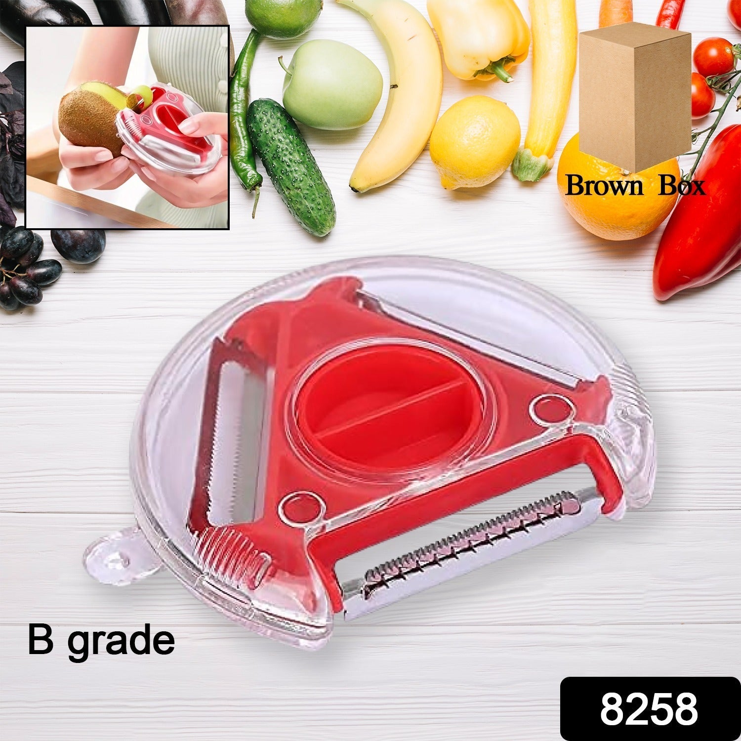 Close-up of the sharp stainless steel blades on the multi-function peeler.