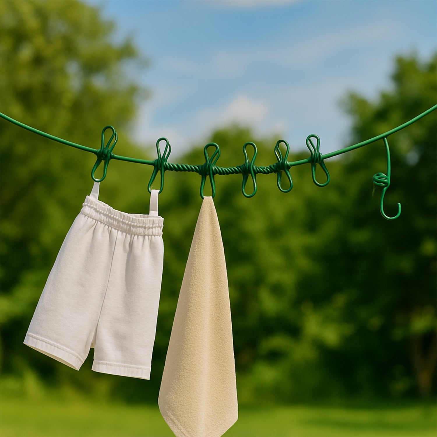Portable elastic clothes drying rope with metal clips