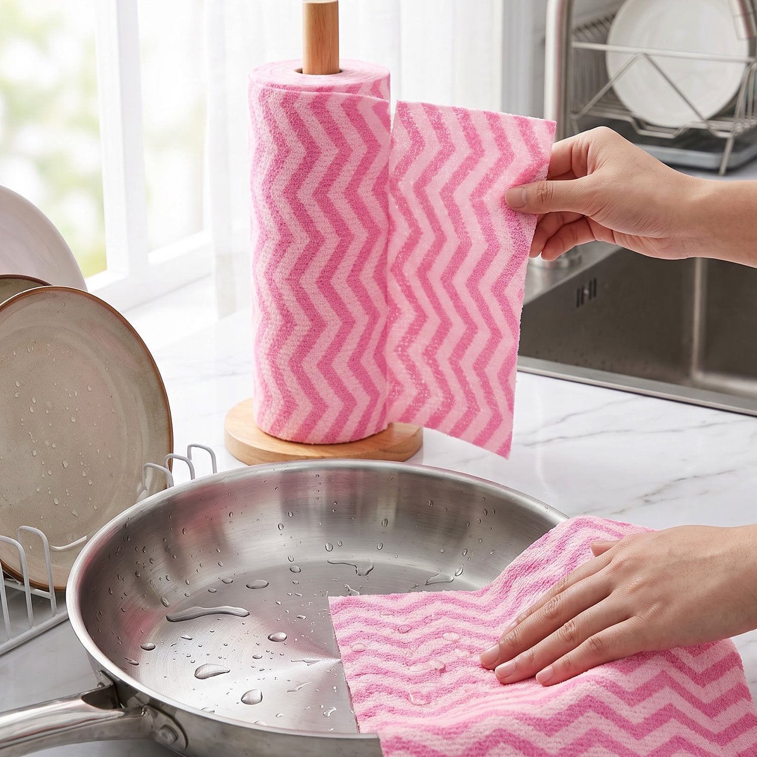 Cloth sheet wiping a kitchen countertop