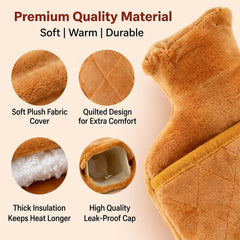 Close-up views of the hot water bottle's soft plush fabric, quilted pattern, thick insulation, and leak-proof cap.