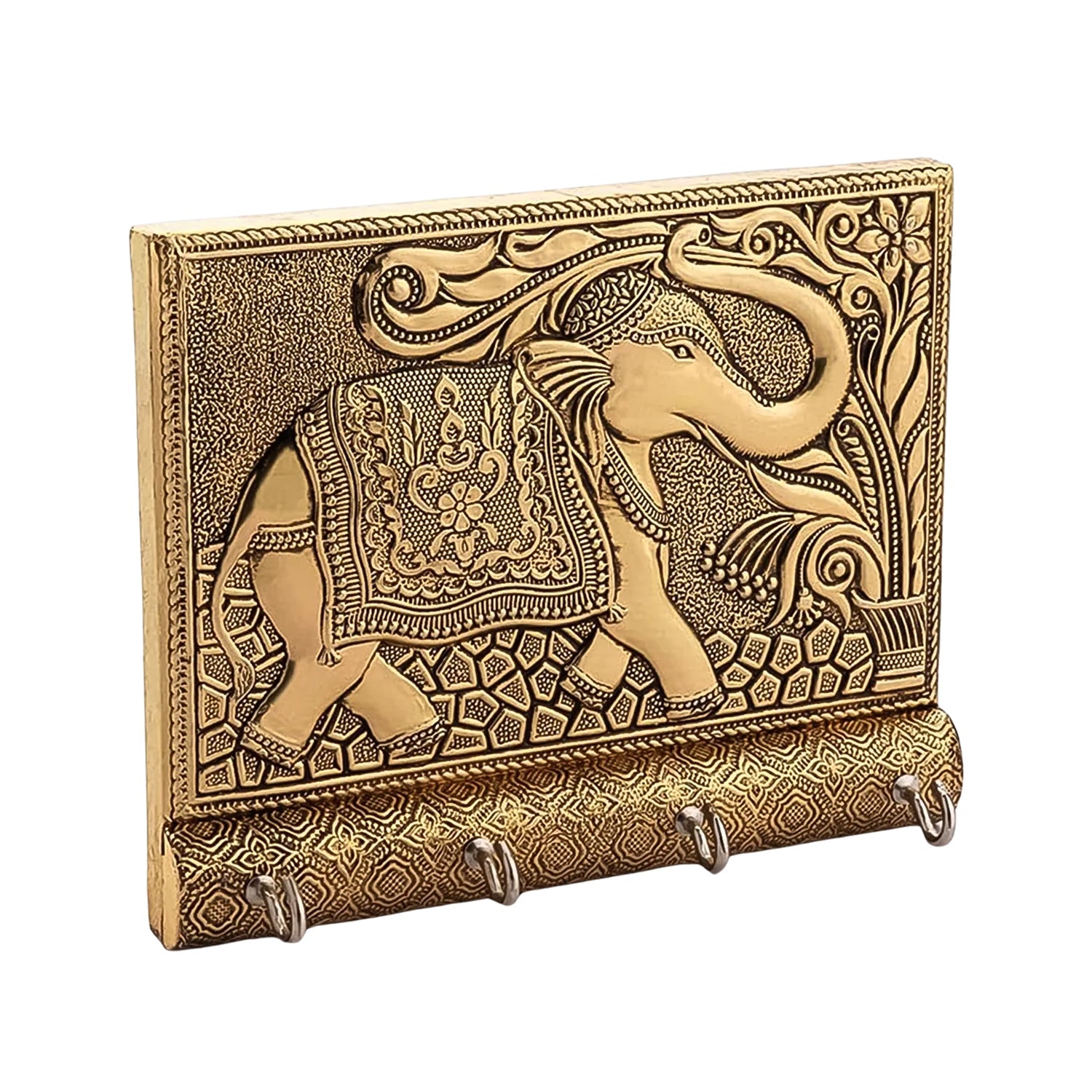 Detailed shot of the antique gold elephant motif