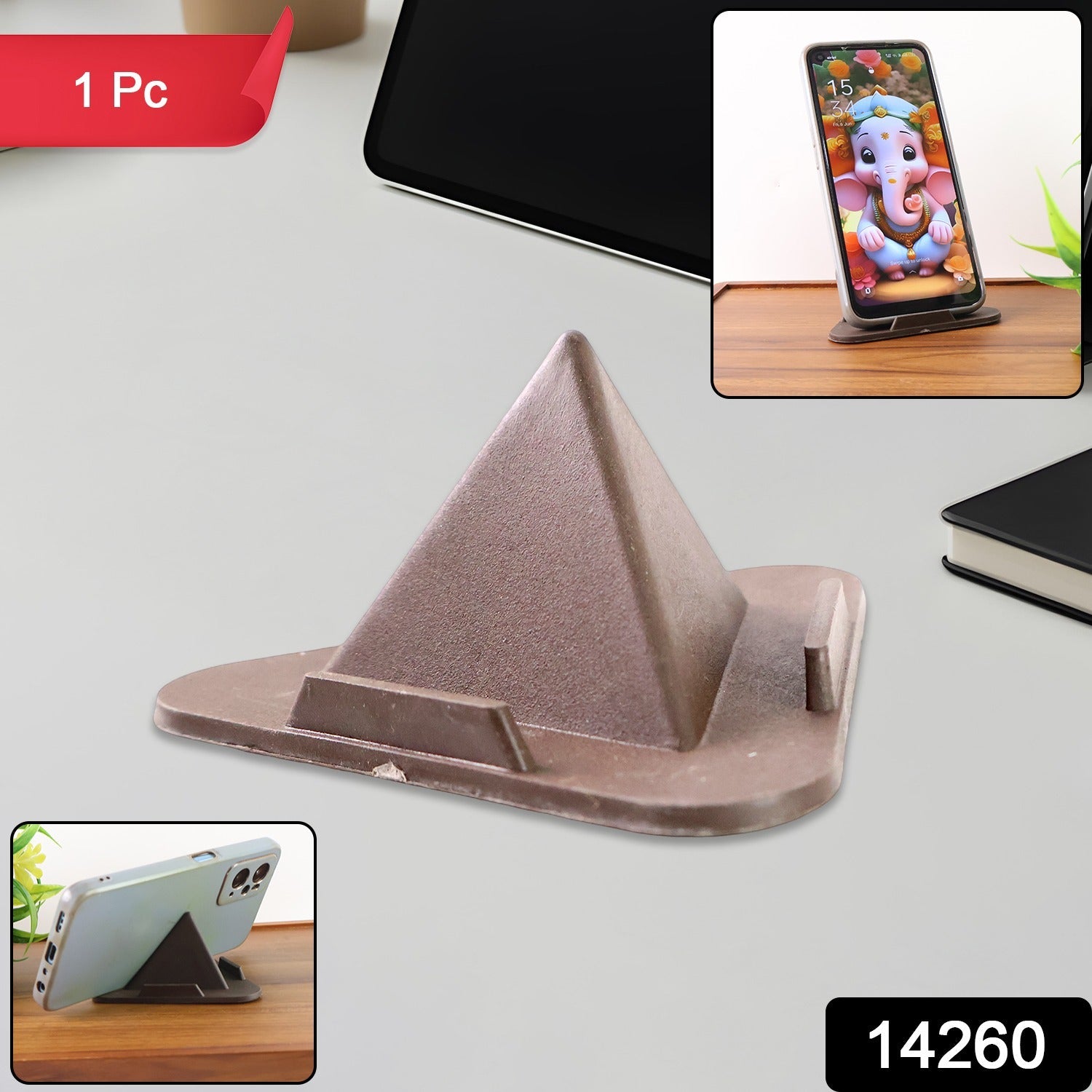 Brown Pyramid Mobile Holder on desk