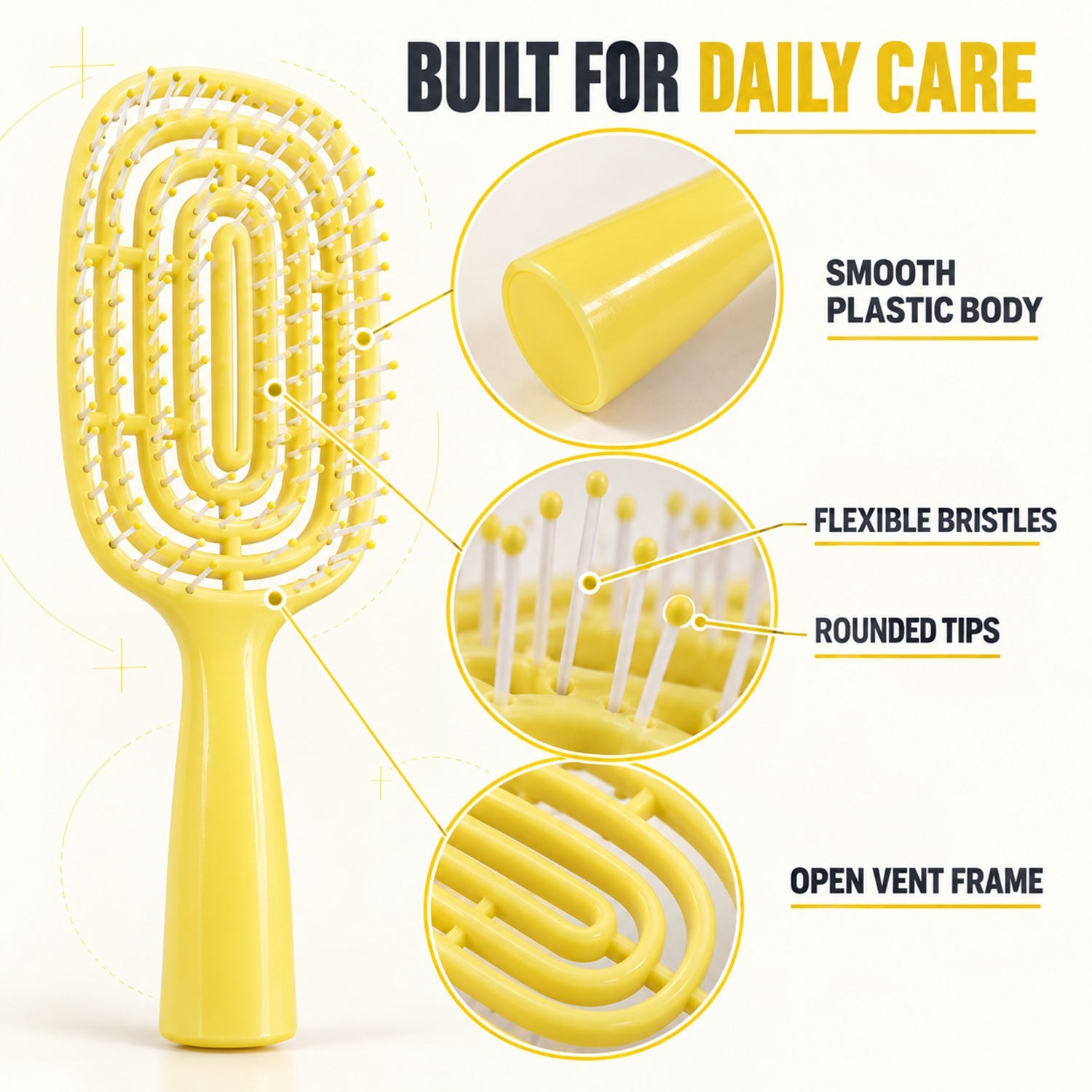 A yellow detangling brush with callouts for its smooth plastic body, flexible bristles, rounded tips, and open vent frame.