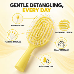 A bright yellow vented hairbrush with white bristles, highlighting its rounded tips, flexible bristles, and open-vent design.