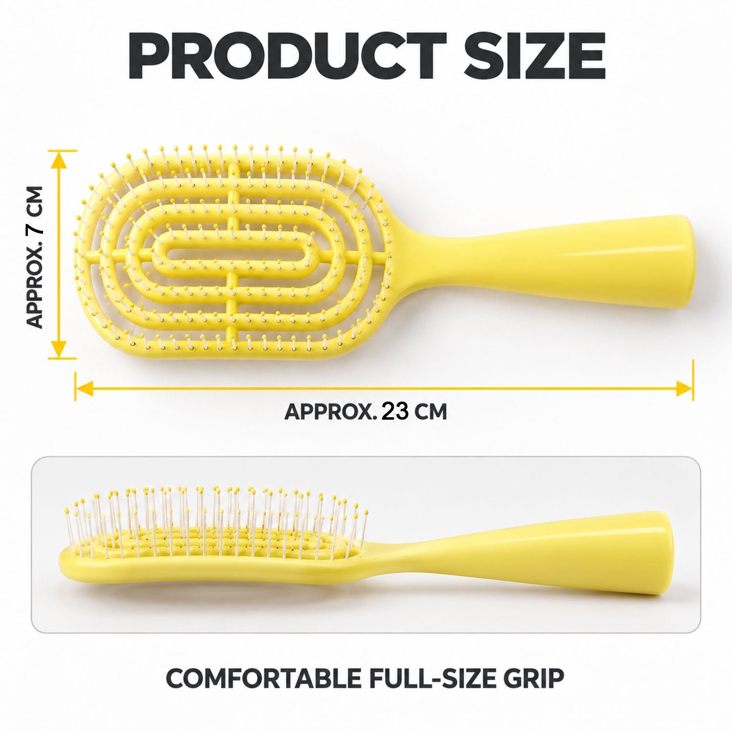 A yellow detangling brush with dimensions indicating it is approximately 23 cm long and 7 cm wide, with a comfortable