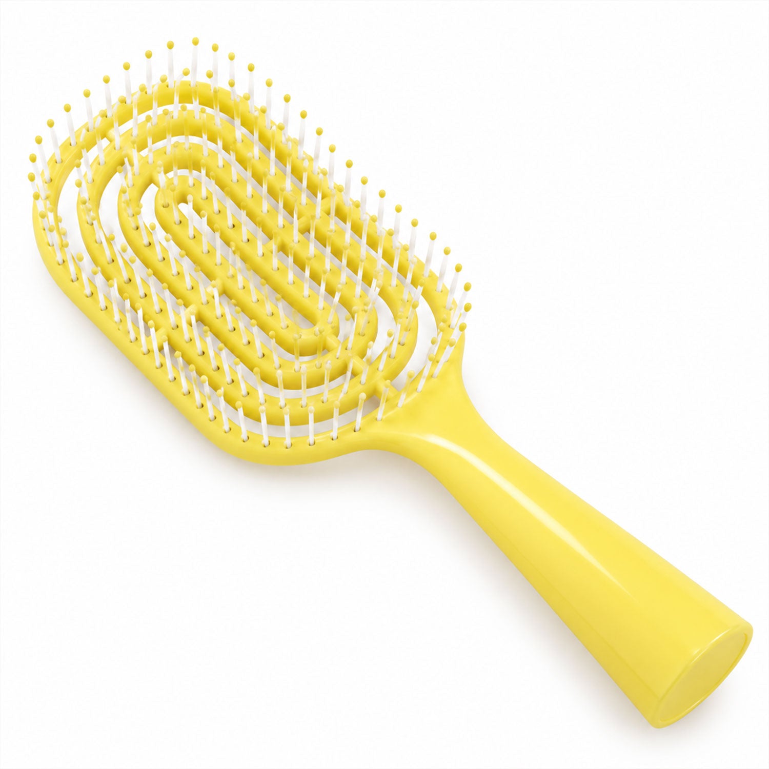 A vibrant yellow detangling brush with white-tipped bristles, angled on a clean white background.