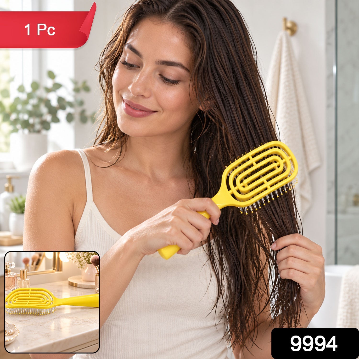 A woman with damp hair uses a yellow detangling brush, with a small inset showing the brush on a counter and a red "1 Pc"
