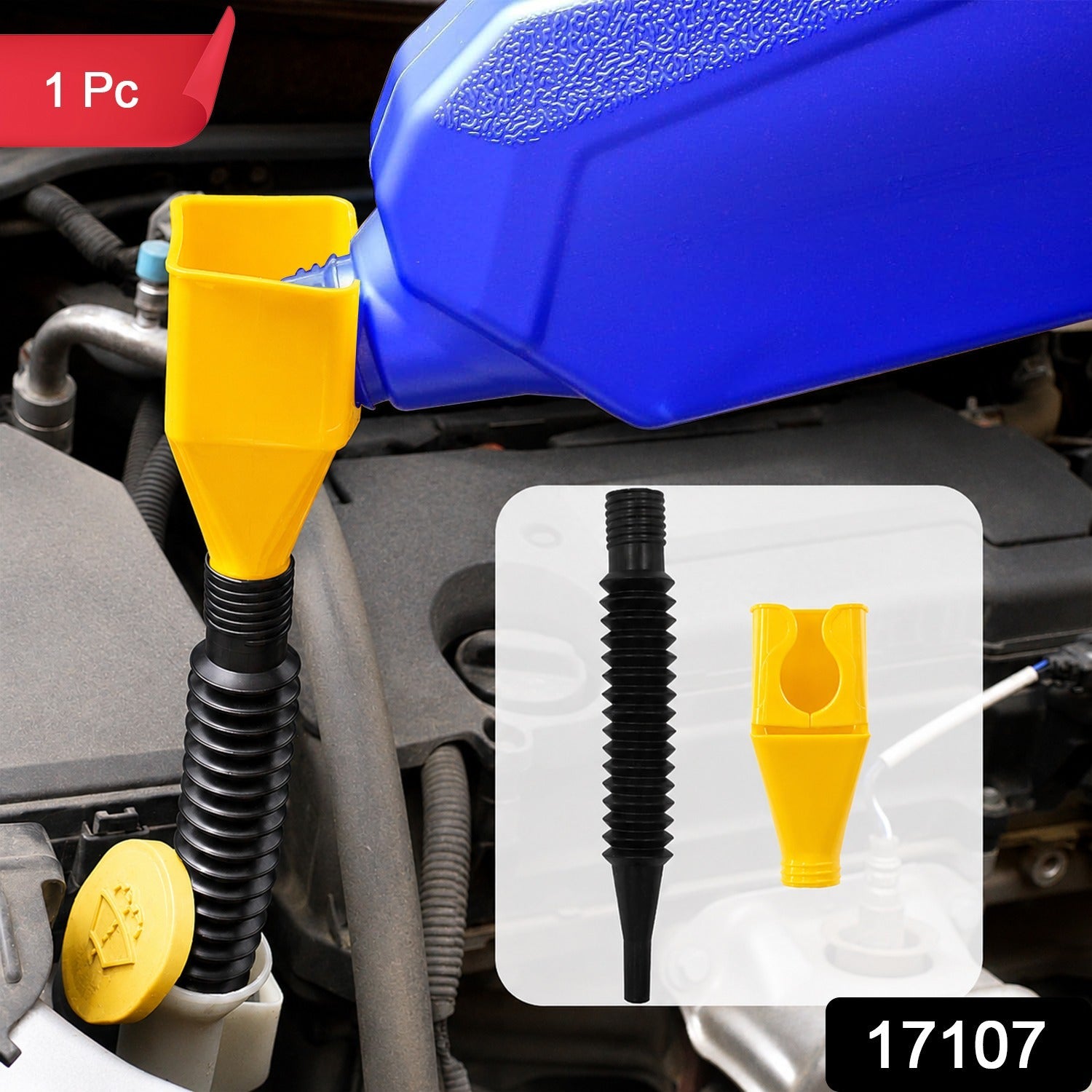 Using the flexible plastic funnel to pour oil into a car engine.