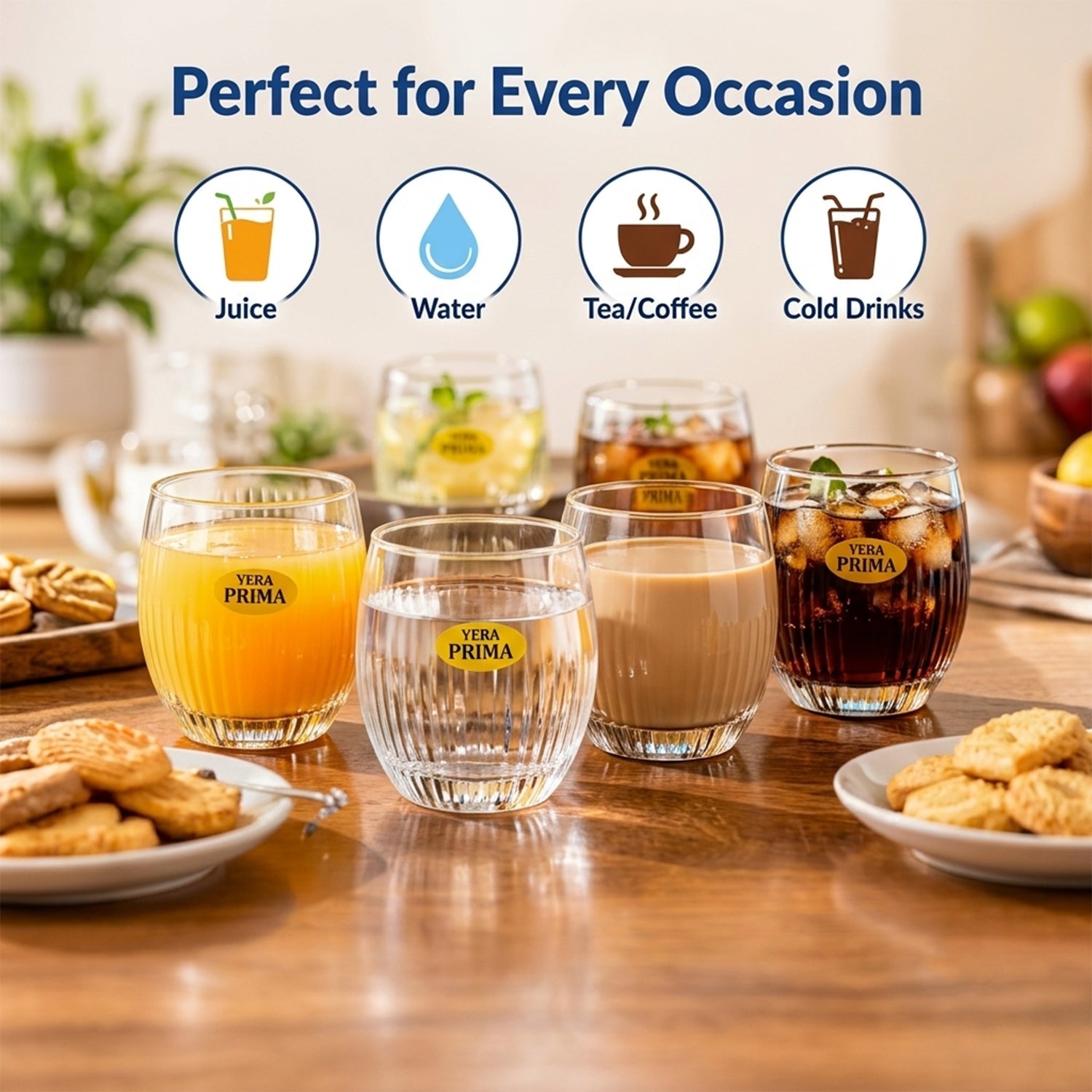 Yera Prima Naples Ribbed Glass Tumbler Set for Water and Juice (6 Pc)