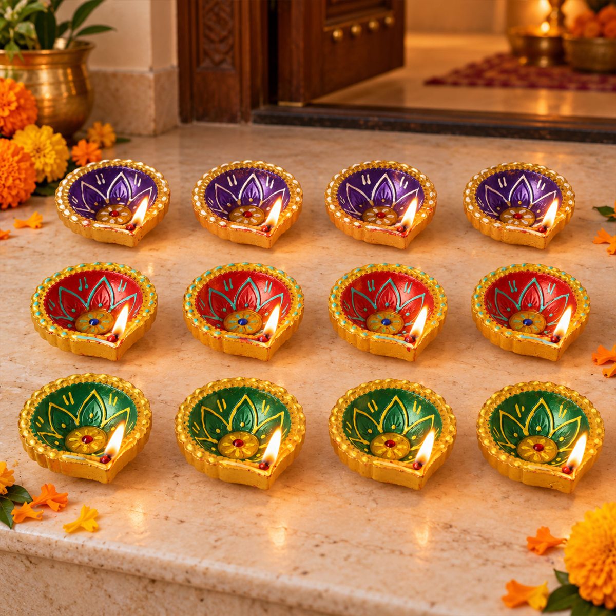 Painted Clay Diya Set
