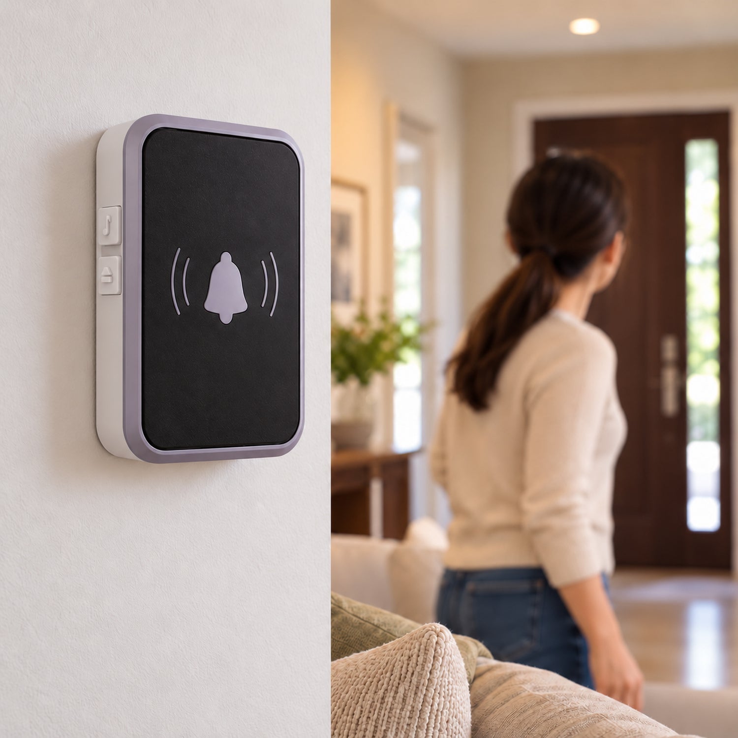 A black wireless doorbell receiver with a bell icon on its screen is mounted on a white wall, with a person walking in the