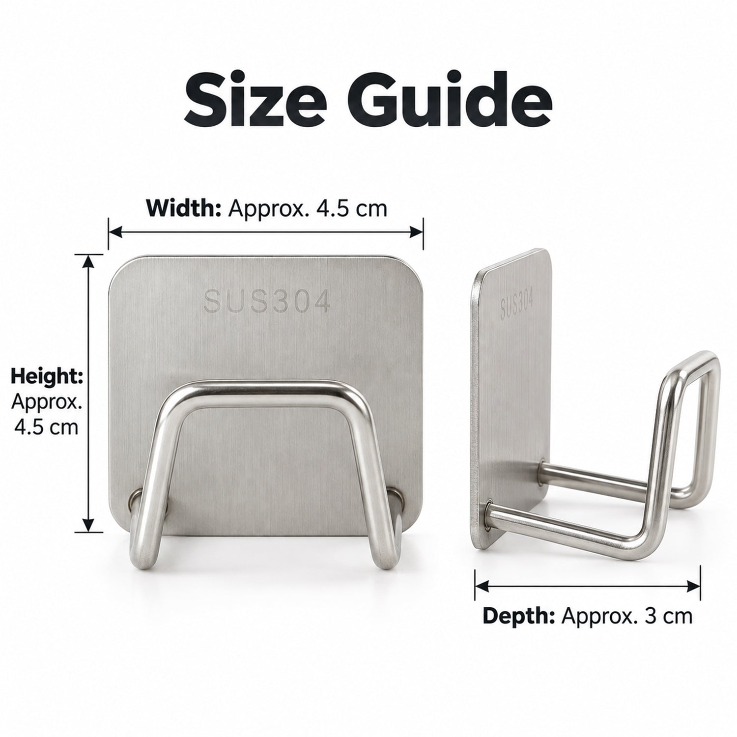A single brushed stainless steel sponge holder is shown with dimensions for width, height, and depth.