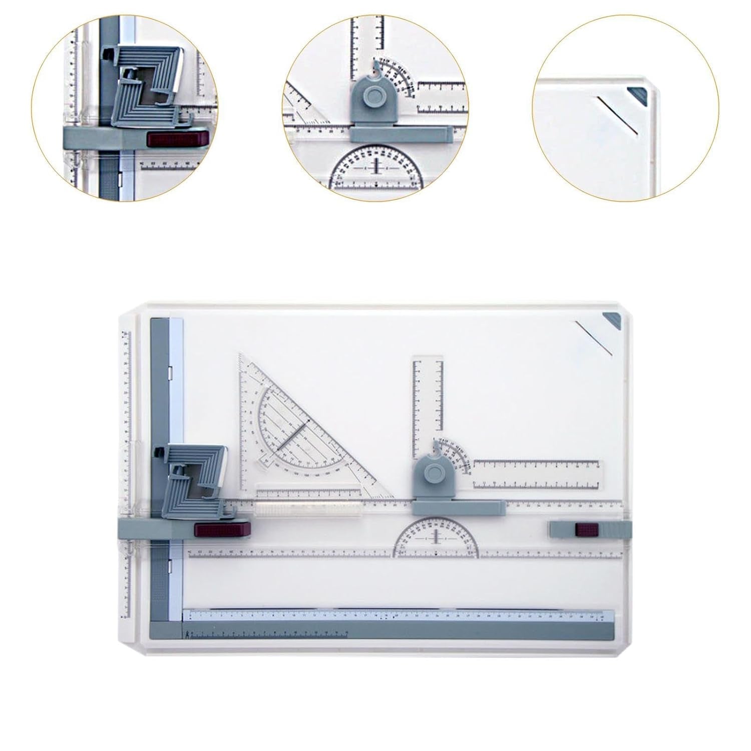 A white A3 drawing board with clear rulers and tools, featuring three circular close-up details of its components.