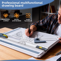 A man uses a pen to draw on a white technical drawing board with integrated rulers and protractors.