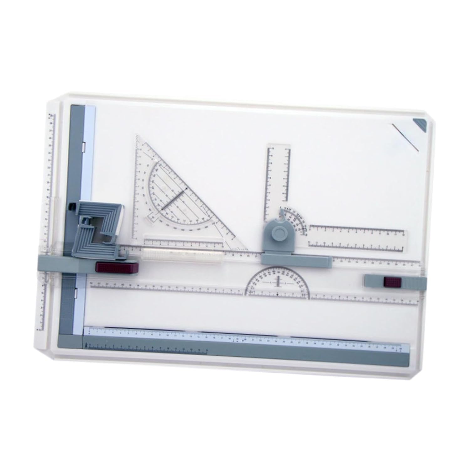 A white A3 drawing board with clear plastic rulers, a protractor, and other gray measurement tools.