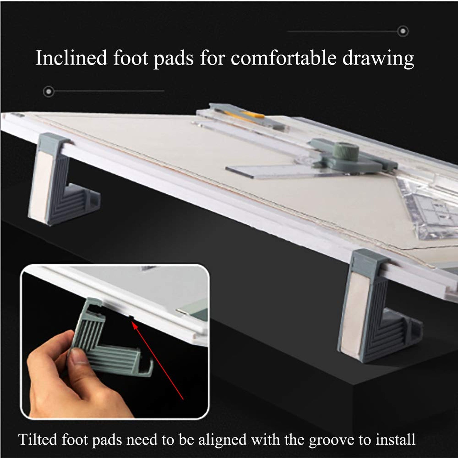 The underside of the drawing board shows an inclined foot pad, with an inset image of a hand installing it.