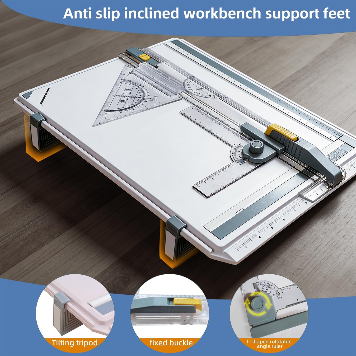 An angled view of the white drawing board on a dark floor, highlighting its anti-slip inclined support feet.
