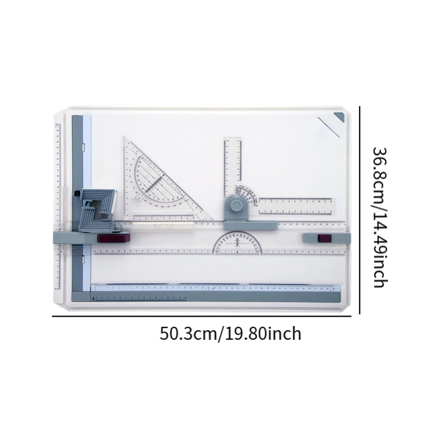 A white A3 drawing board with clear rulers and measurement tools, displaying dimensions of 50.3cm by 36.8cm.