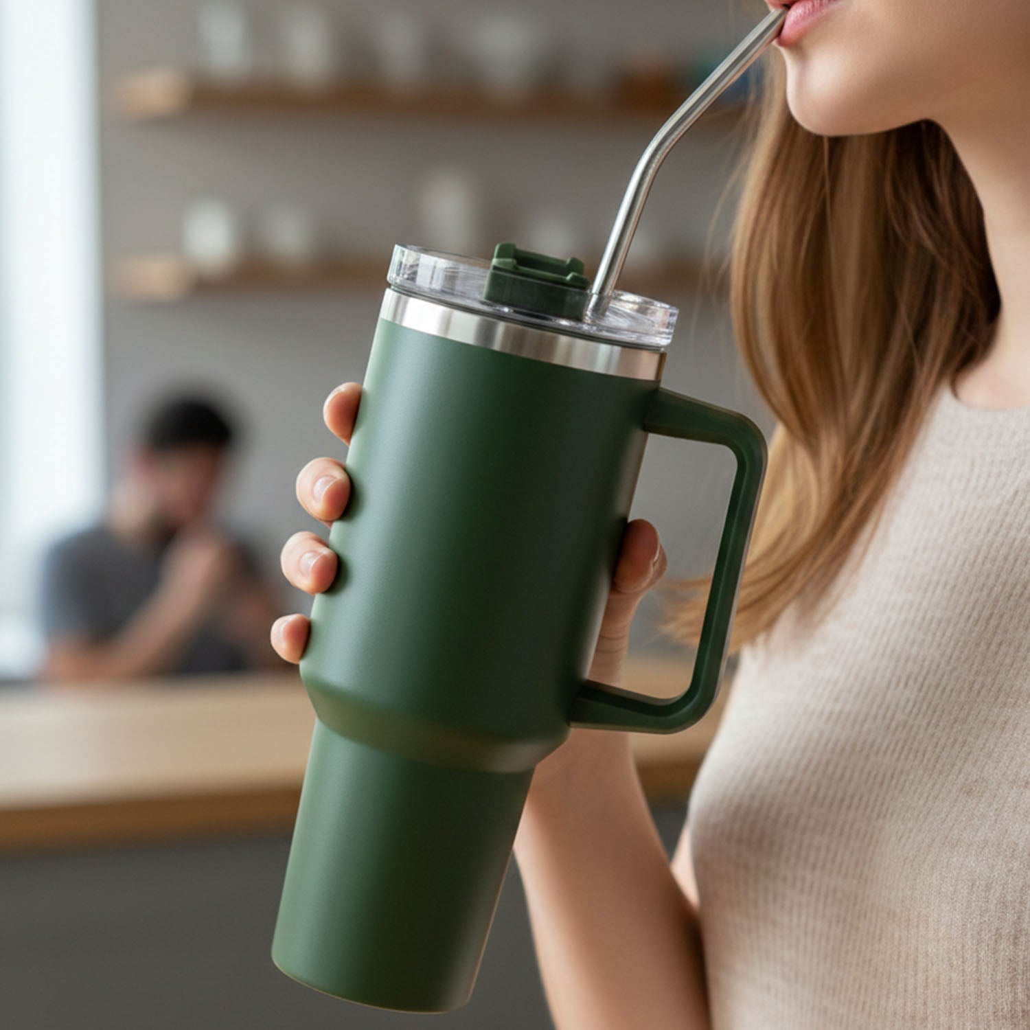 Close-up of 1200ML insulated mug with handle & straw
