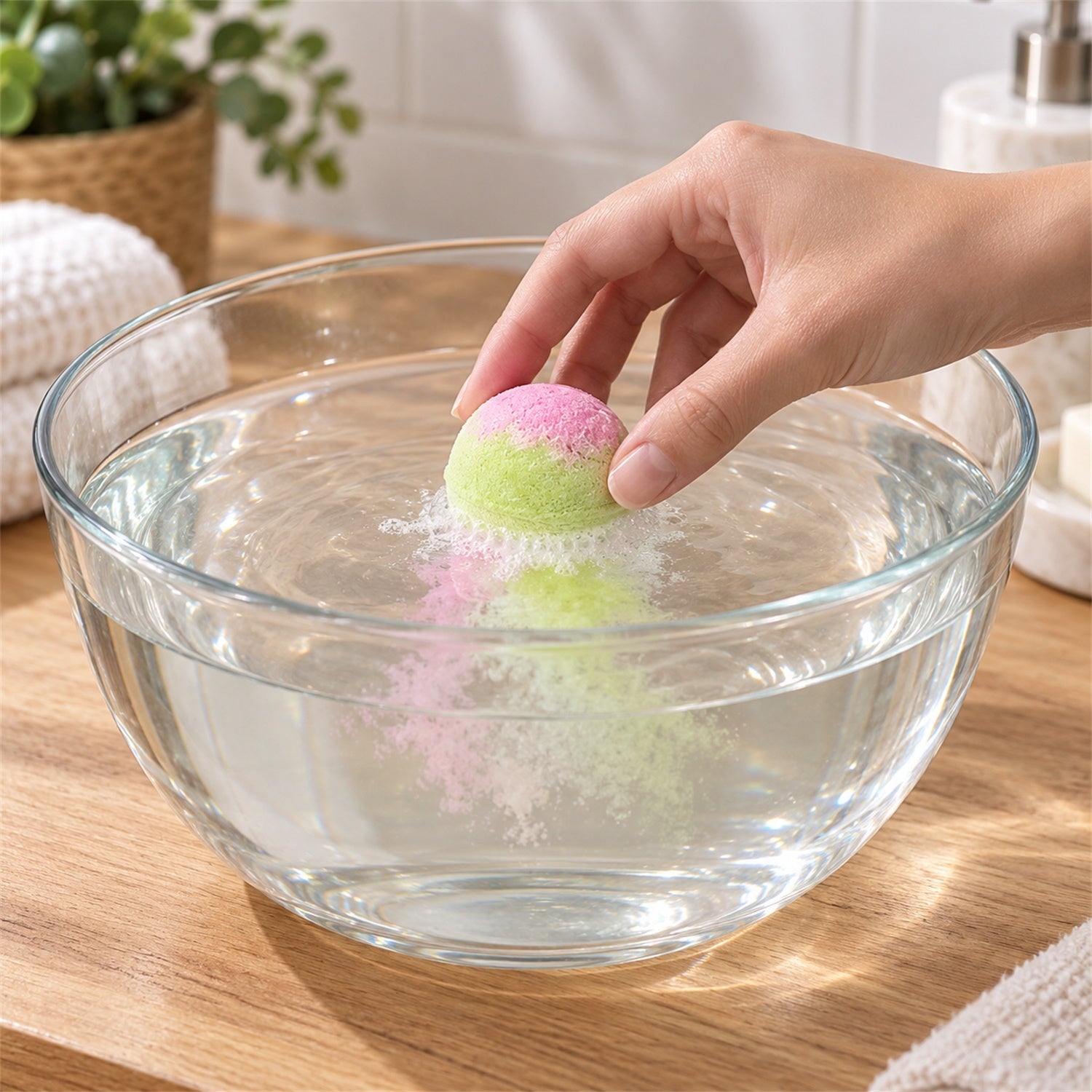 A hand drops a pink and green bath bomb into a clear glass bowl of water, creating a gentle fizz.