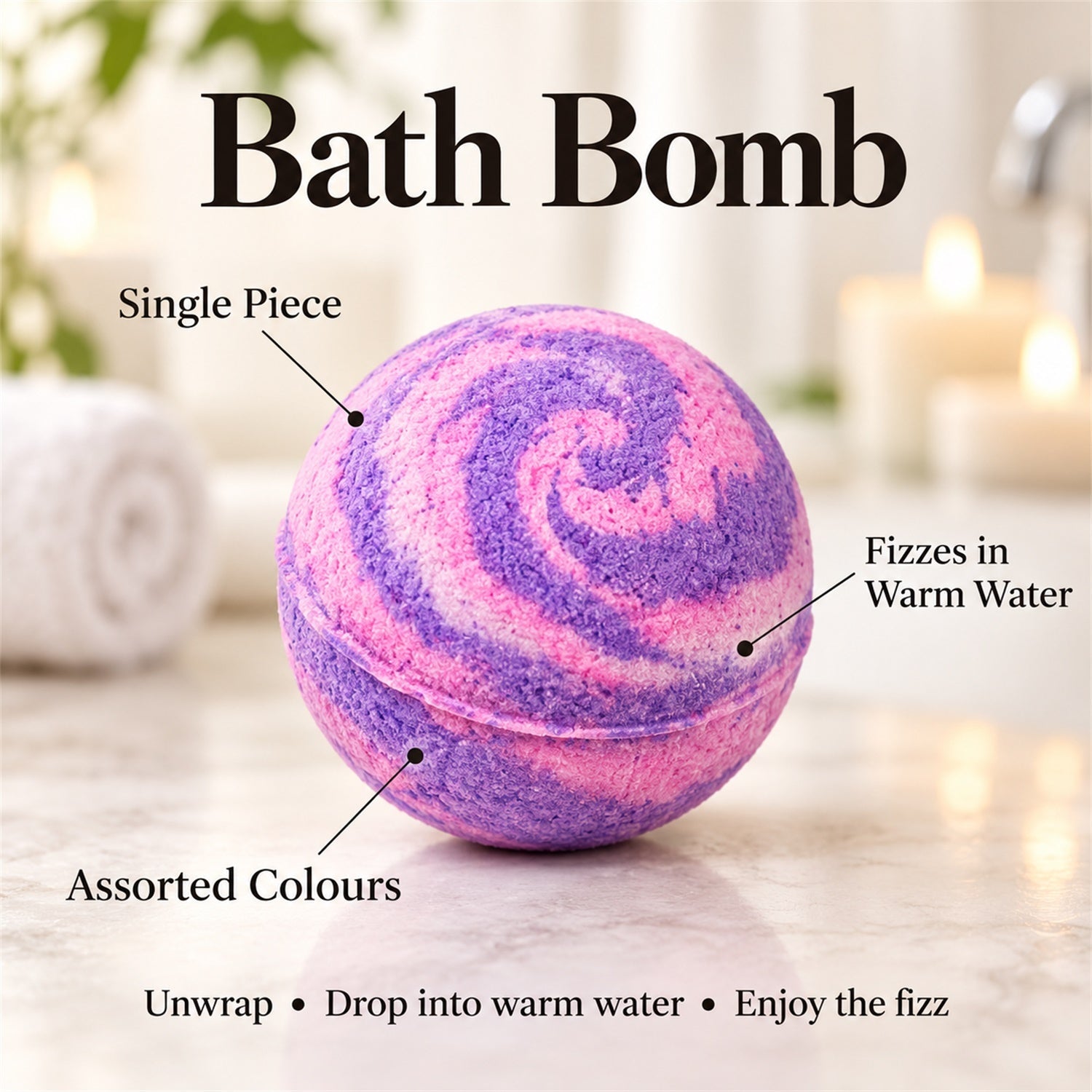 A single round bath bomb with a vibrant pink and purple swirl design is displayed on a wooden surface.