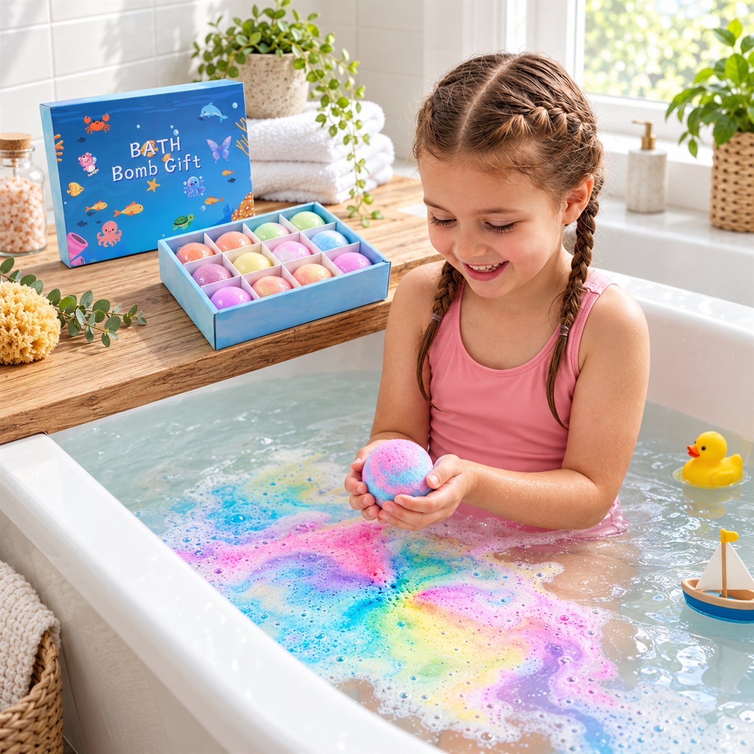 A child in a pink swimsuit holds a colorful bath bomb, creating a rainbow fizz in the bathtub next to a toy boat.