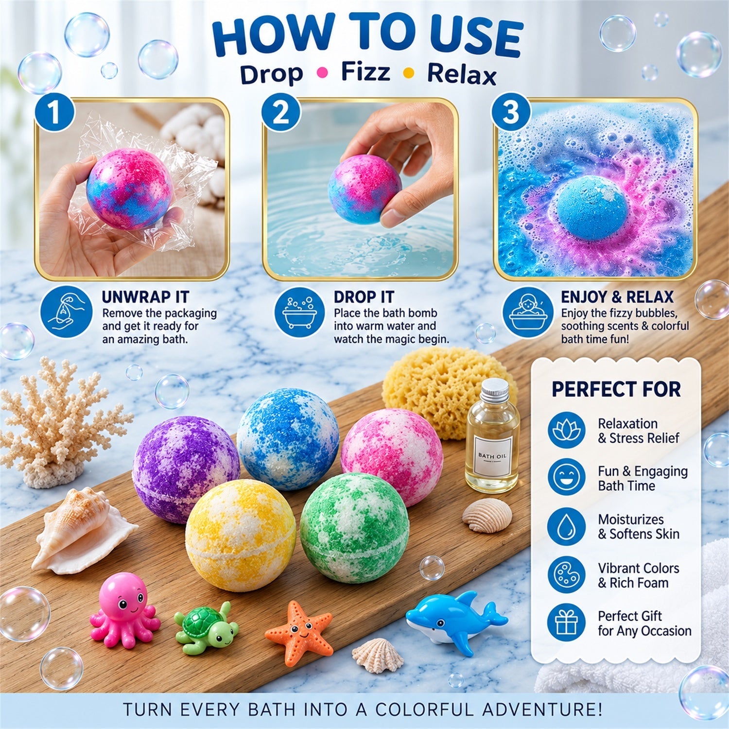 Assorted bath bomb gift set with toys in transparent packaging