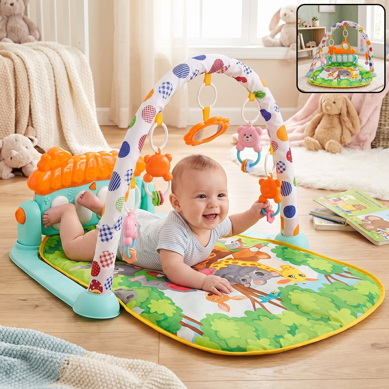 Baby piano gym activity play mat with hanging toys and music
