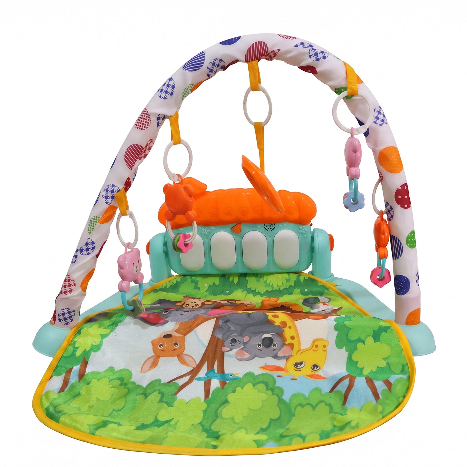 Hanging rattle toys on the play gym arches