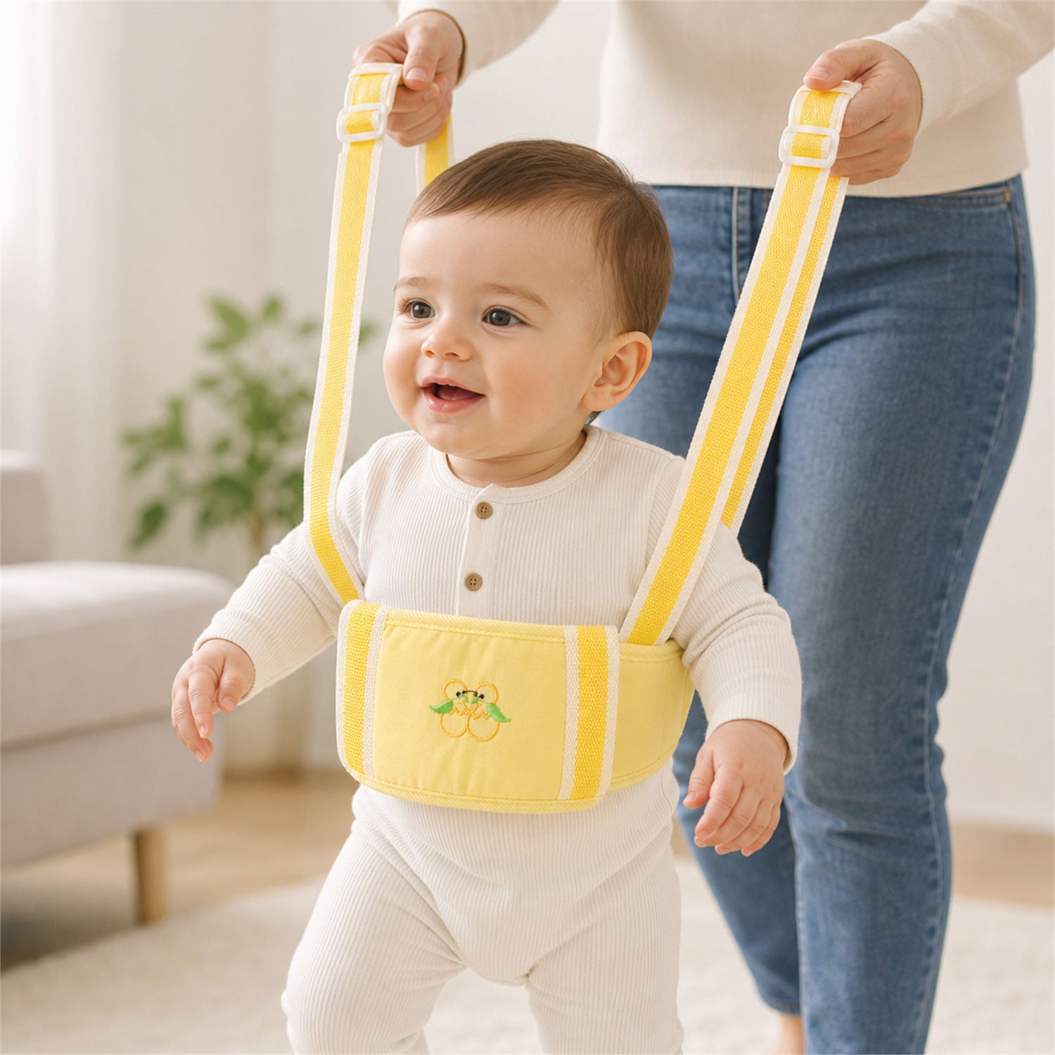 Baby walking assistance belt with padded waist and adjustable straps in yellow for toddler support