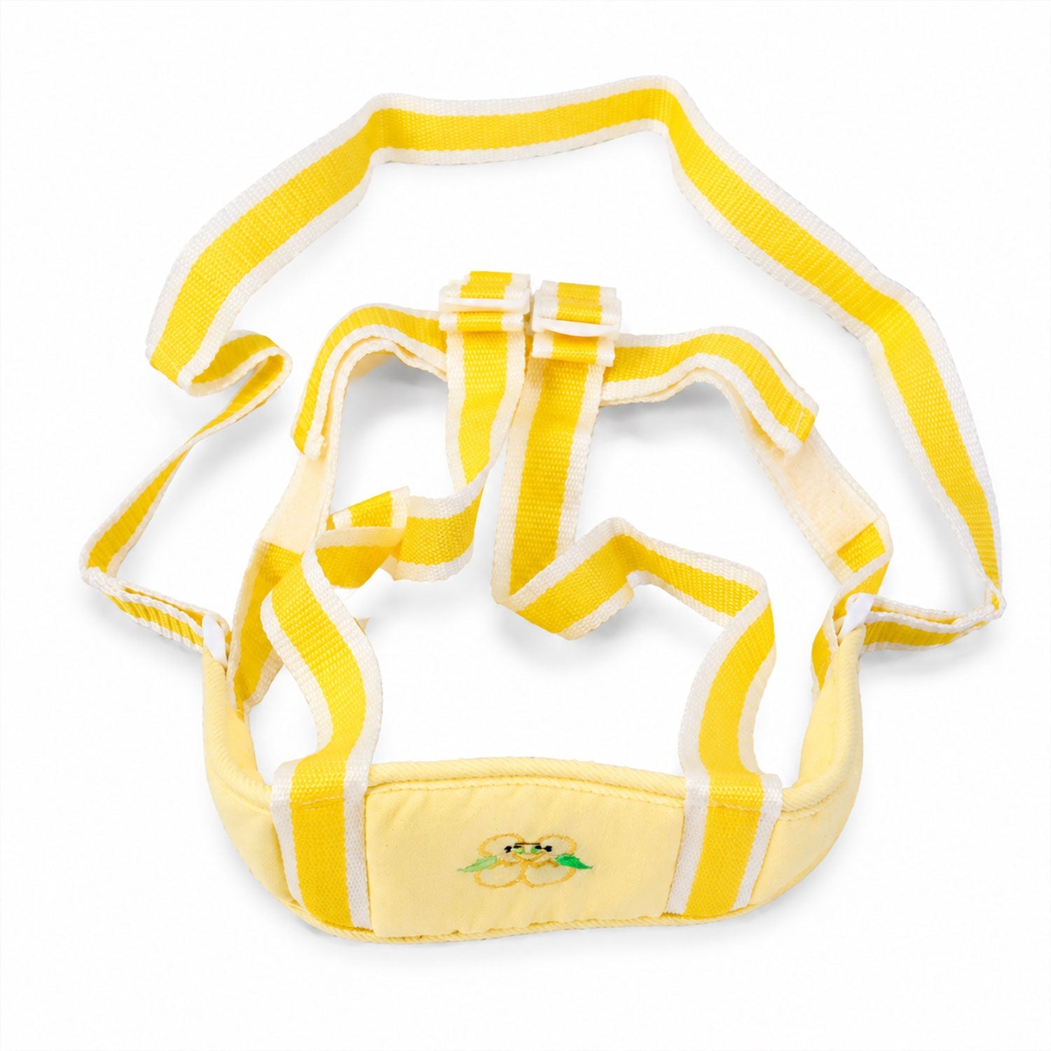 Toddler learning to walk with supportive harness, cheerful design in yellow