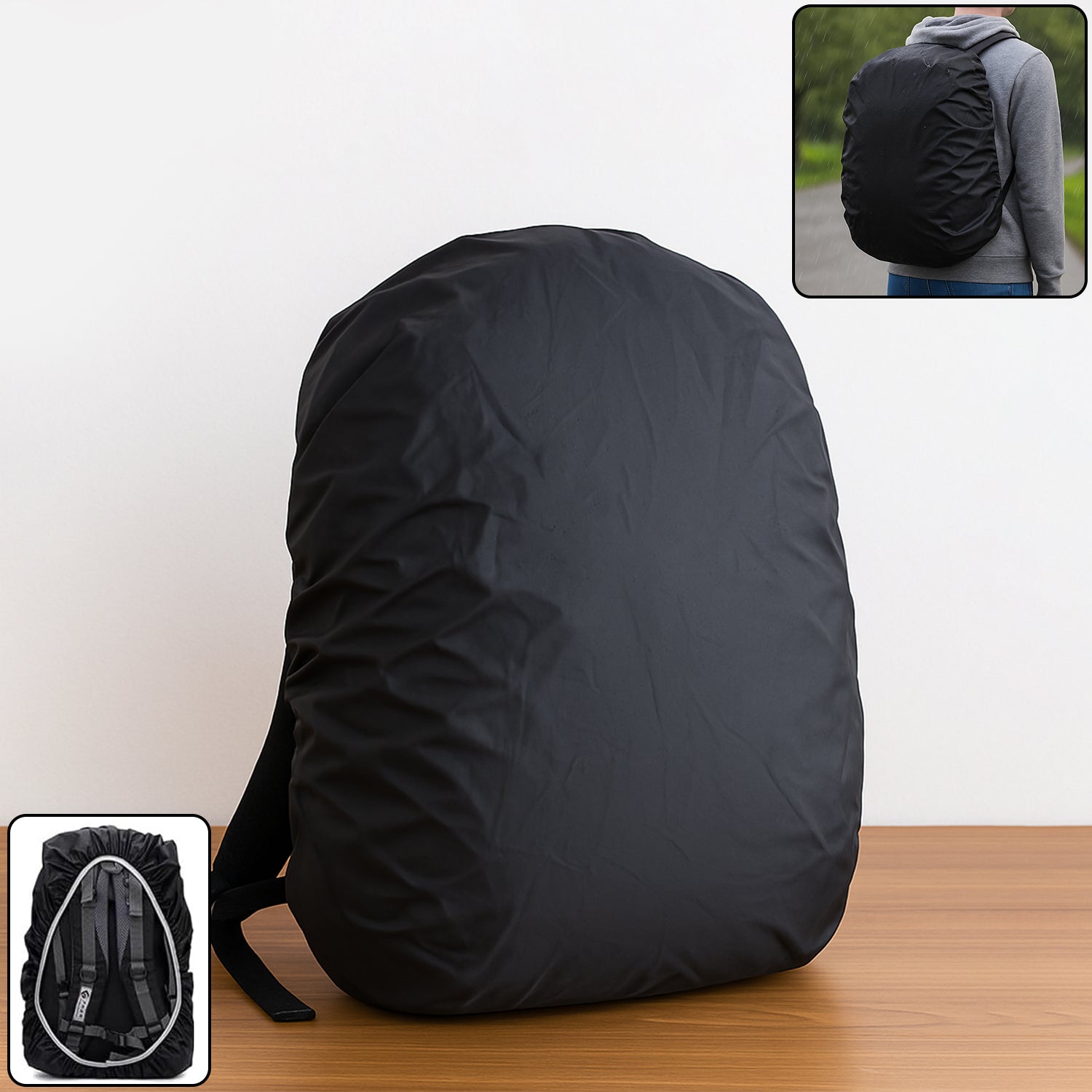 Waterproof Nylon Backpack Rain Cover over a black backpack