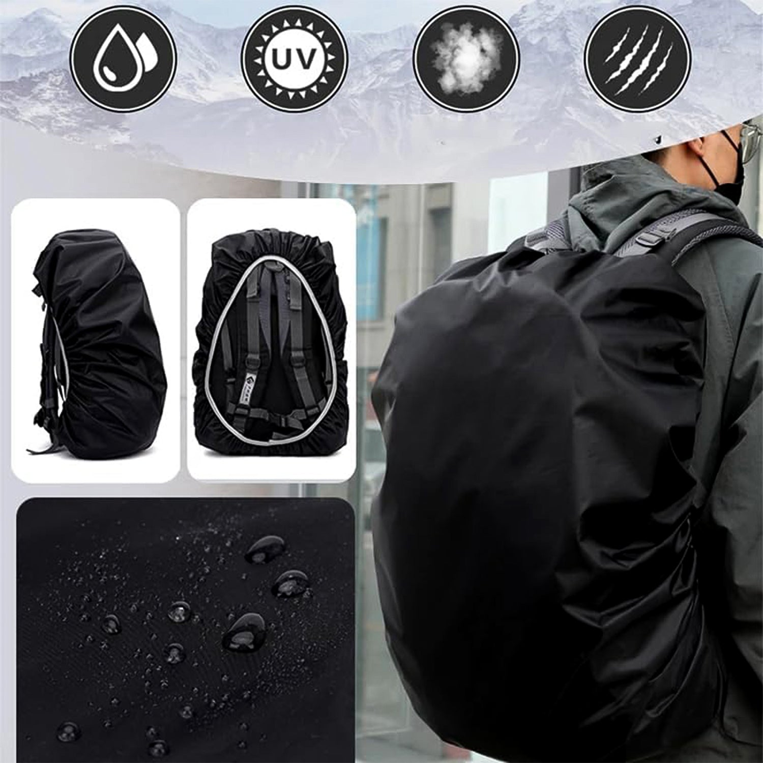 Backpack rain cover folded and fitted over various bags